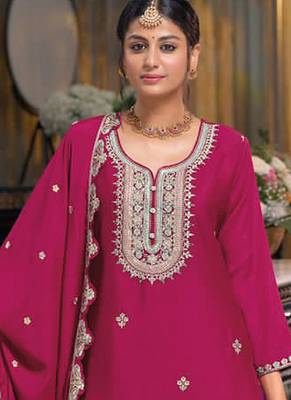 Rani Pink Embroidered Designer Suit With Skirt & Dupatta 2
