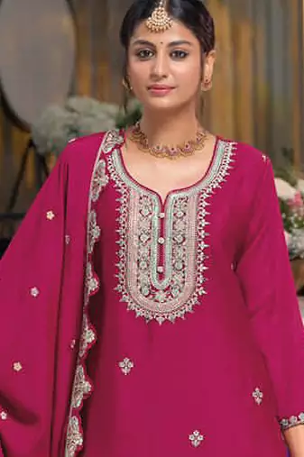 Rani Pink Embroidered Designer Suit With Skirt & Dupatta