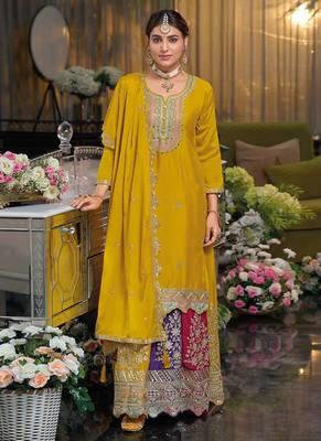 Yellow Embroidered Designer Suit With Skirt & Dupatta 1
