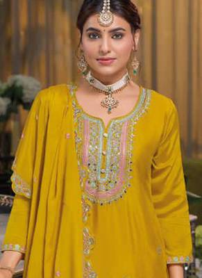 Yellow Embroidered Designer Suit With Skirt & Dupatta 2