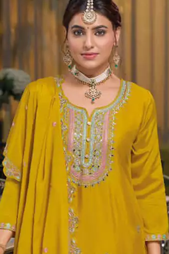 Yellow Embroidered Designer Suit With Skirt & Dupatta