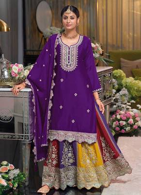 Purple Embroidered Designer Suit With Skirt & Dupatta 1