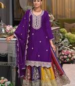 Purple Embroidered Designer Suit With Skirt & Dupatta