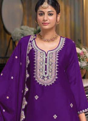 Purple Embroidered Designer Suit With Skirt & Dupatta 2
