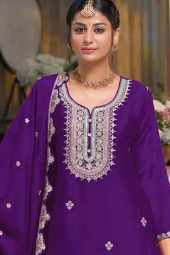 Purple Embroidered Designer Suit With Skirt & Dupatta