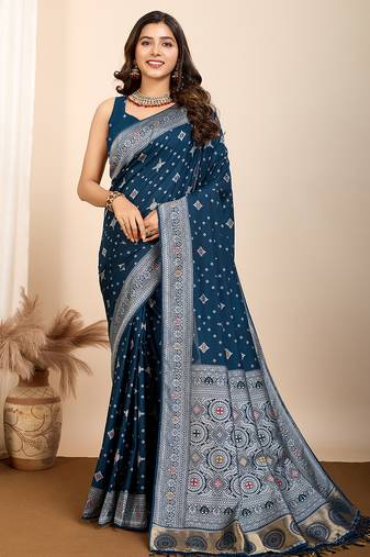 Blue silk blend saree with rich woven pallu