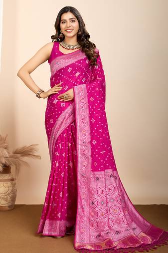 Pink silk blend saree with rich woven pallu
