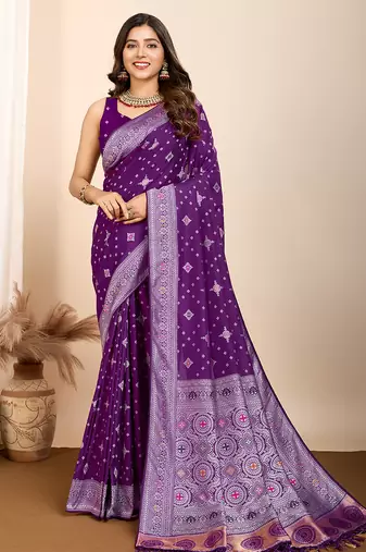 Purple silk blend saree with rich woven pallu