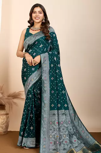 Teal silk blend saree with rich woven pallu