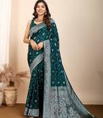 Teal silk blend saree with rich woven pallu