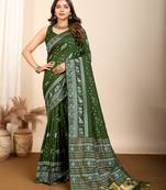 Green silk blend saree with rich woven pallu