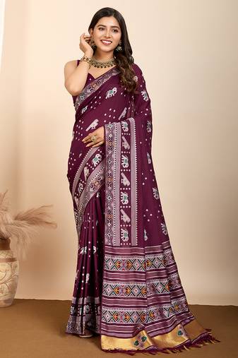 Magenta silk blend saree with rich woven pallu