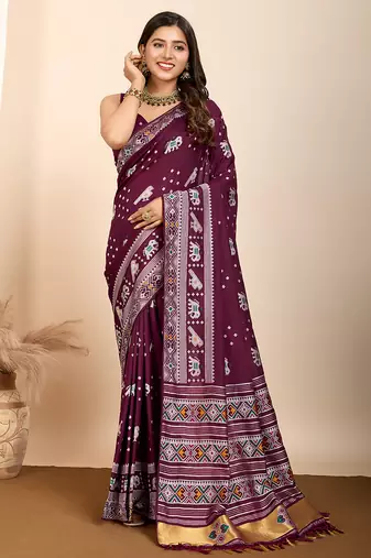 Magenta silk blend saree with rich woven pallu
