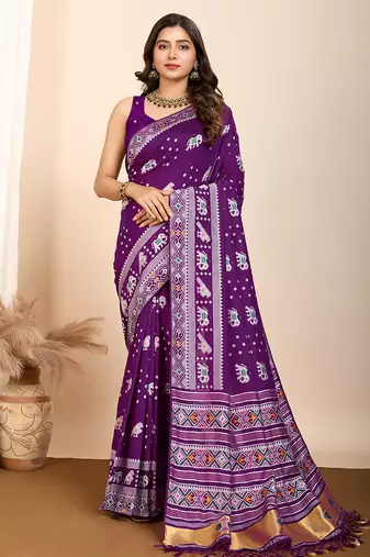 Purple silk blend saree with rich woven pallu