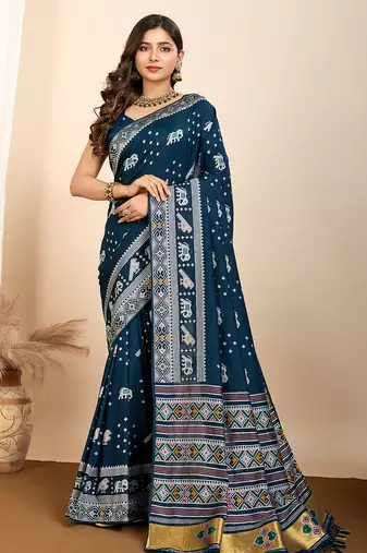 Teal silk blend saree with rich woven pallu