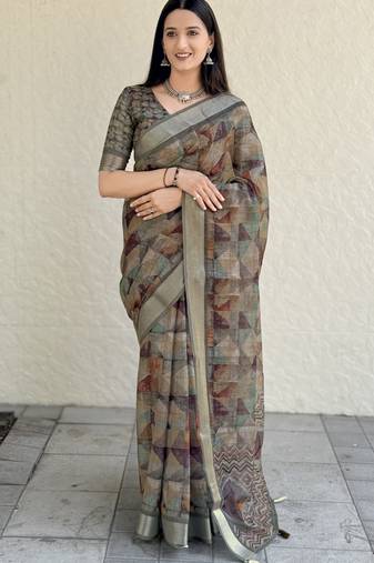 Green multi digital print linen saree with geometric pattern n unstiched blouse