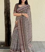 Chiku cream digital print linen saree with geometric pattern n unstiched blouse