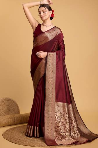 Maroon silk blend saree with weaved rich zari pallu