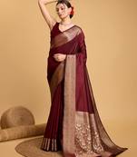 Maroon silk blend saree with weaved rich zari pallu