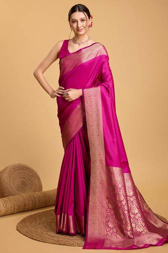 Pink silk blend saree with weaved rich zari pallu