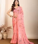 Peach georgette saree with foil touch and contrast blouse