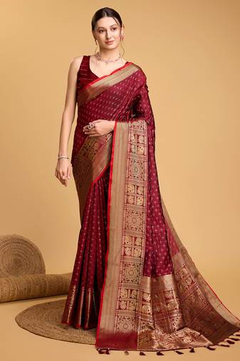 Maroon soft silk blend saree with zari