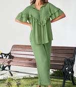 Olive green viscose rayon slub solid co-ord set for women