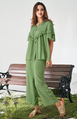 Olive green viscose rayon slub solid co-ord set for women 3