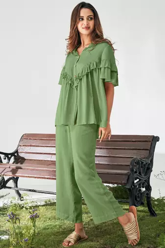 Olive green viscose rayon slub solid co-ord set for women