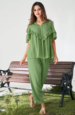 Olive green viscose rayon slub solid co-ord set for women 4
