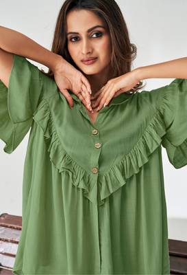 Olive green viscose rayon slub solid co-ord set for women 5