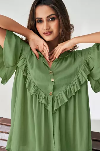 Olive green viscose rayon slub solid co-ord set for women