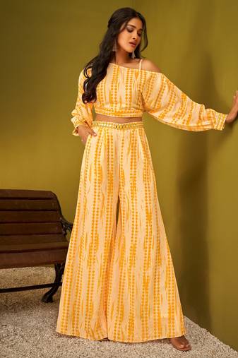 Orange georgette shibori printed off-shoulder co-ord set for women