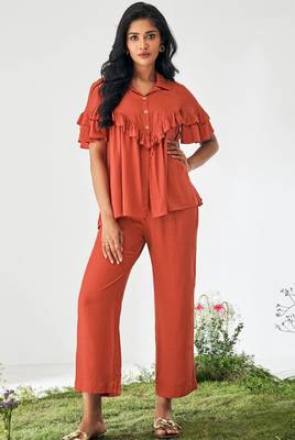 Orange viscose rayon slub solid ruffle top co-ord set for women 1