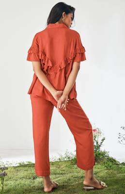 Orange viscose rayon slub solid ruffle top co-ord set for women 2