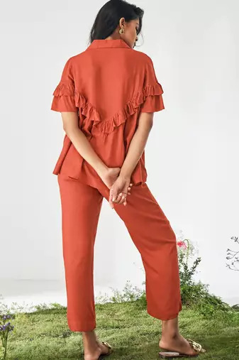 Orange viscose rayon slub solid ruffle top co-ord set for women