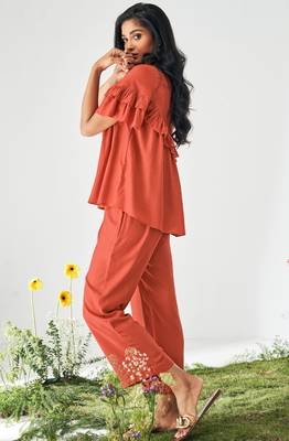 Orange viscose rayon slub solid ruffle top co-ord set for women 3