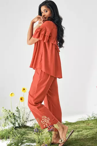 Orange viscose rayon slub solid ruffle top co-ord set for women