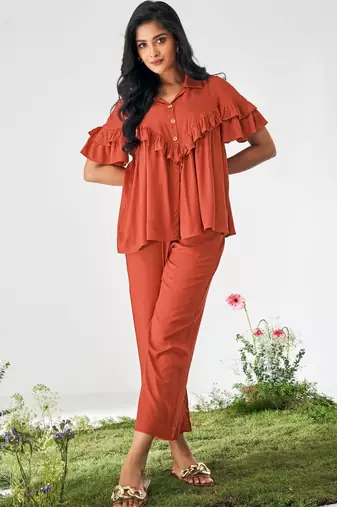 Orange viscose rayon slub solid ruffle top co-ord set for women