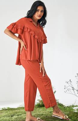 Orange viscose rayon slub solid ruffle top co-ord set for women 5
