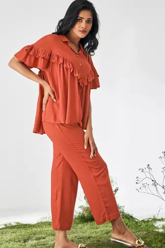 Orange viscose rayon slub solid ruffle top co-ord set for women