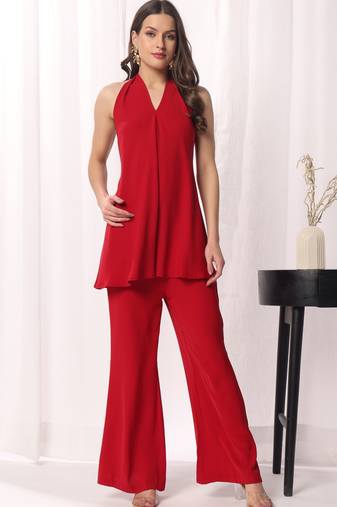 Red solid poly blend co-ord set for women