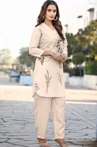 Cream cotton blend printed co-ord set for women