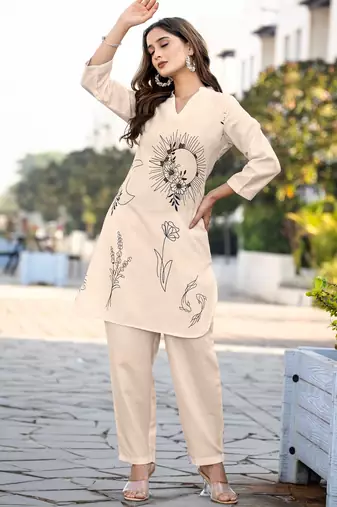 Cream cotton blend printed co-ord set for women