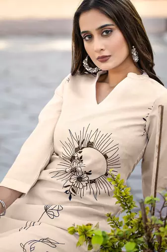 Cream cotton blend printed co-ord set for women