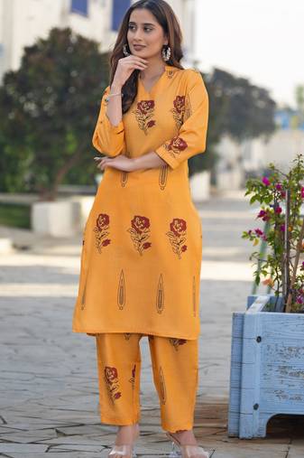 Orange cotton blend printed co-ord set for women