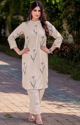 Cream cotton blend printed co-ord set for women 1