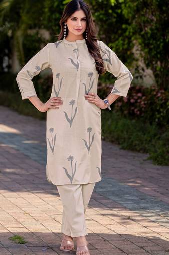 Cream cotton blend printed co-ord set for women