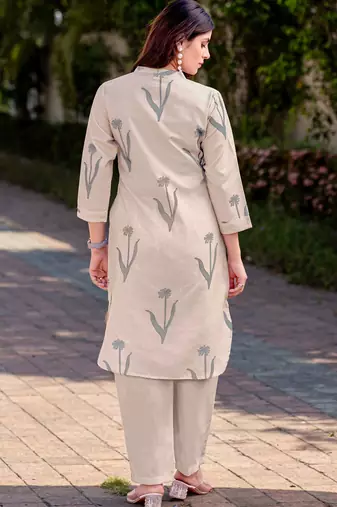 Cream cotton blend printed co-ord set for women