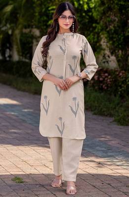 Cream cotton blend printed co-ord set for women 3